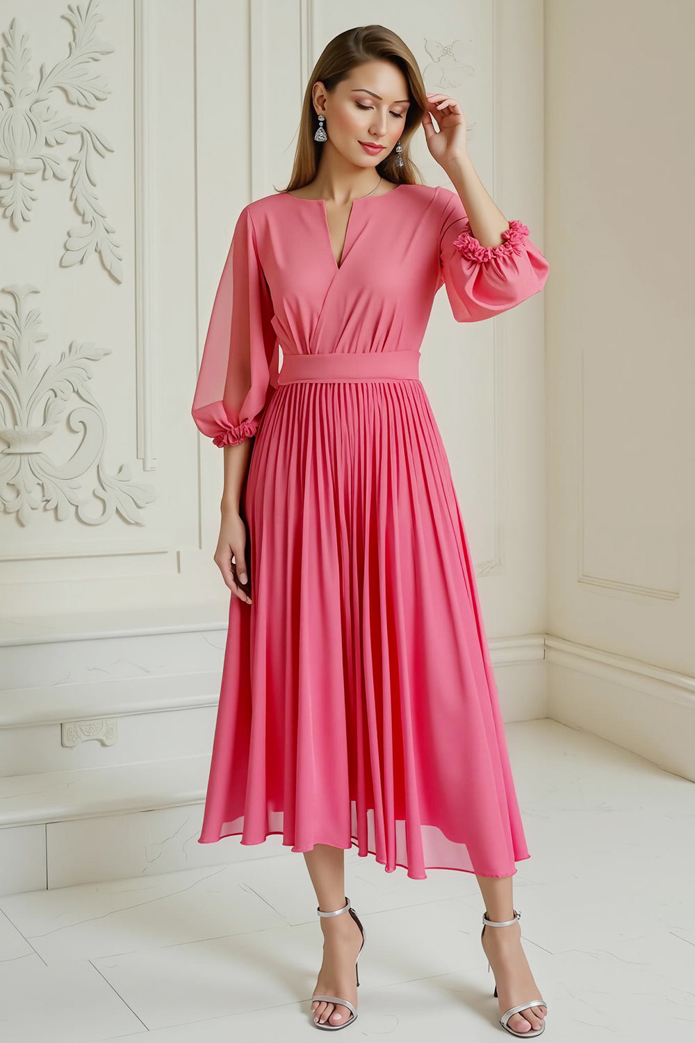 Hot Pink A Line Pleated Chiffon Midi Mother of the Bride Dress with Sleeves