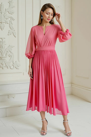 Hot Pink A Line Pleated Chiffon Midi Mother of the Bride Dress with Sleeves