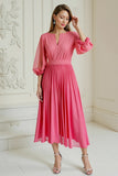 Hot Pink A Line Pleated Chiffon Midi Mother of the Bride Dress with Sleeves