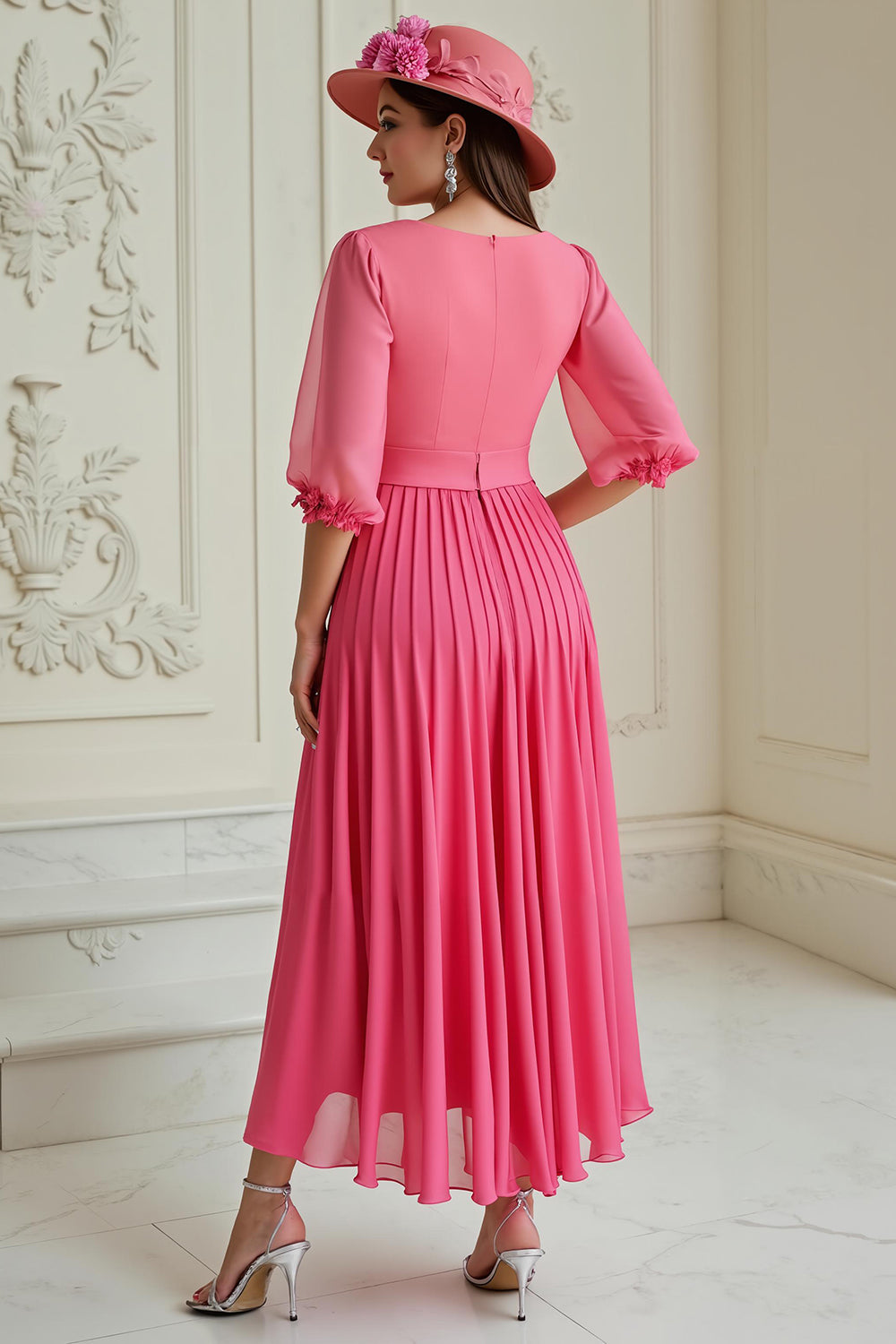 Hot Pink A Line Pleated Chiffon Midi Mother of the Bride Dress with Sleeves