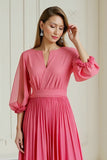 Hot Pink A Line Pleated Chiffon Midi Mother of the Bride Dress with Sleeves