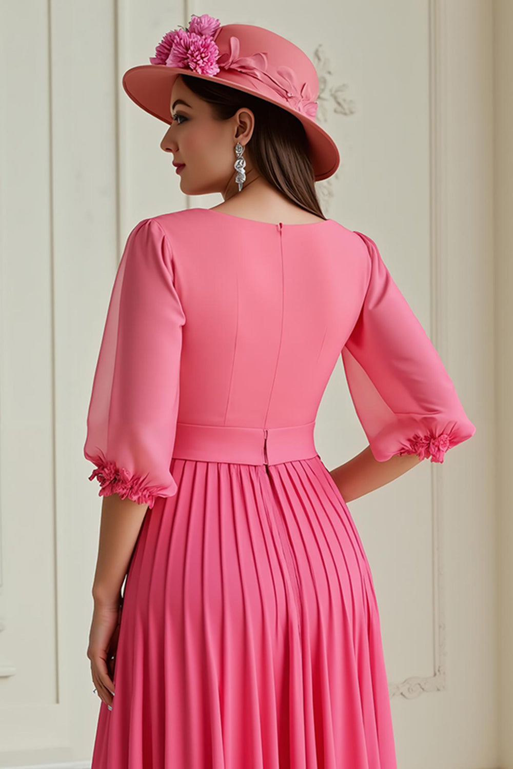 Hot Pink A Line Pleated Chiffon Midi Mother of the Bride Dress with Sleeves