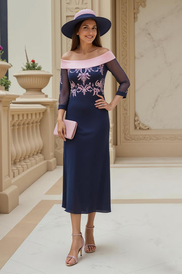 Navy Off the Shoulder Chiffon Sheath Long Mother of the Bride Dress
