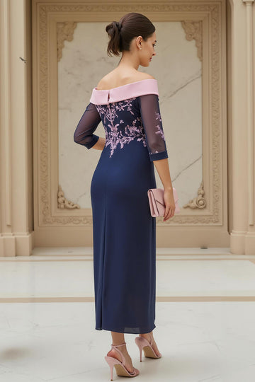Navy Off the Shoulder Chiffon Sheath Long Mother of the Bride Dress