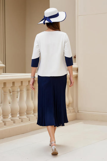 Navy 2 Pieces Printed Satin A Line Midi Mother of the Bride Dress