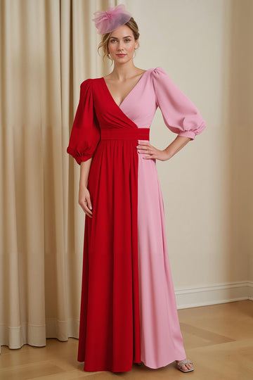 Red and Pink Patchwork V Neck Chiffon A Line Long Wedding Guest Dress with Sleeves