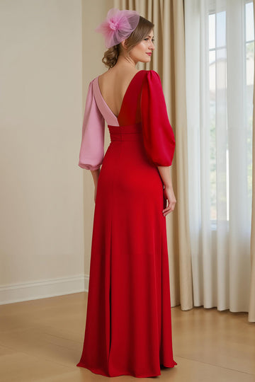 Red and Pink Patchwork V Neck Chiffon A Line Long Wedding Guest Dress with Sleeves