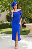 Royal Blue Chiffon Off the Shoulder Sheath Long Wedding Guest Dress with Lace
