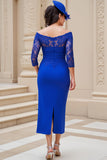 Royal Blue Chiffon Off the Shoulder Sheath Long Wedding Guest Dress with Lace