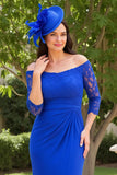 Royal Blue Chiffon Off the Shoulder Sheath Long Wedding Guest Dress with Lace