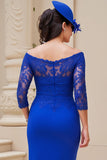 Royal Blue Chiffon Off the Shoulder Sheath Long Wedding Guest Dress with Lace