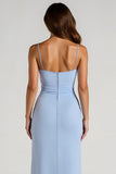 Light Blue Spaghetti Straps Sheath Ruched Long Bridesmaid Dress