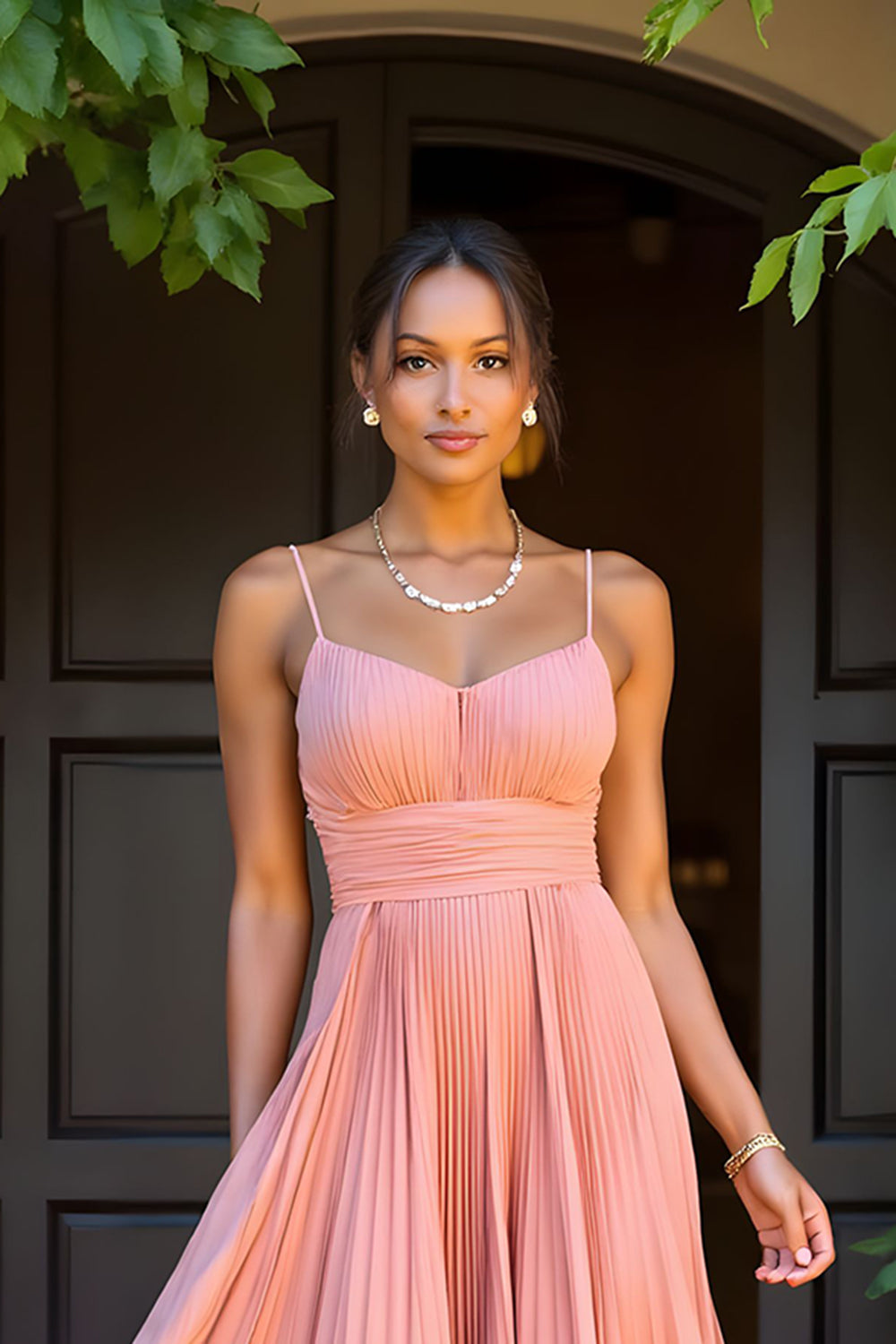Sunset A-Line Pleated Spaghetti Straps Long Bridesmaid Dress