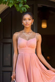 Sunset A-Line Pleated Spaghetti Straps Long Bridesmaid Dress