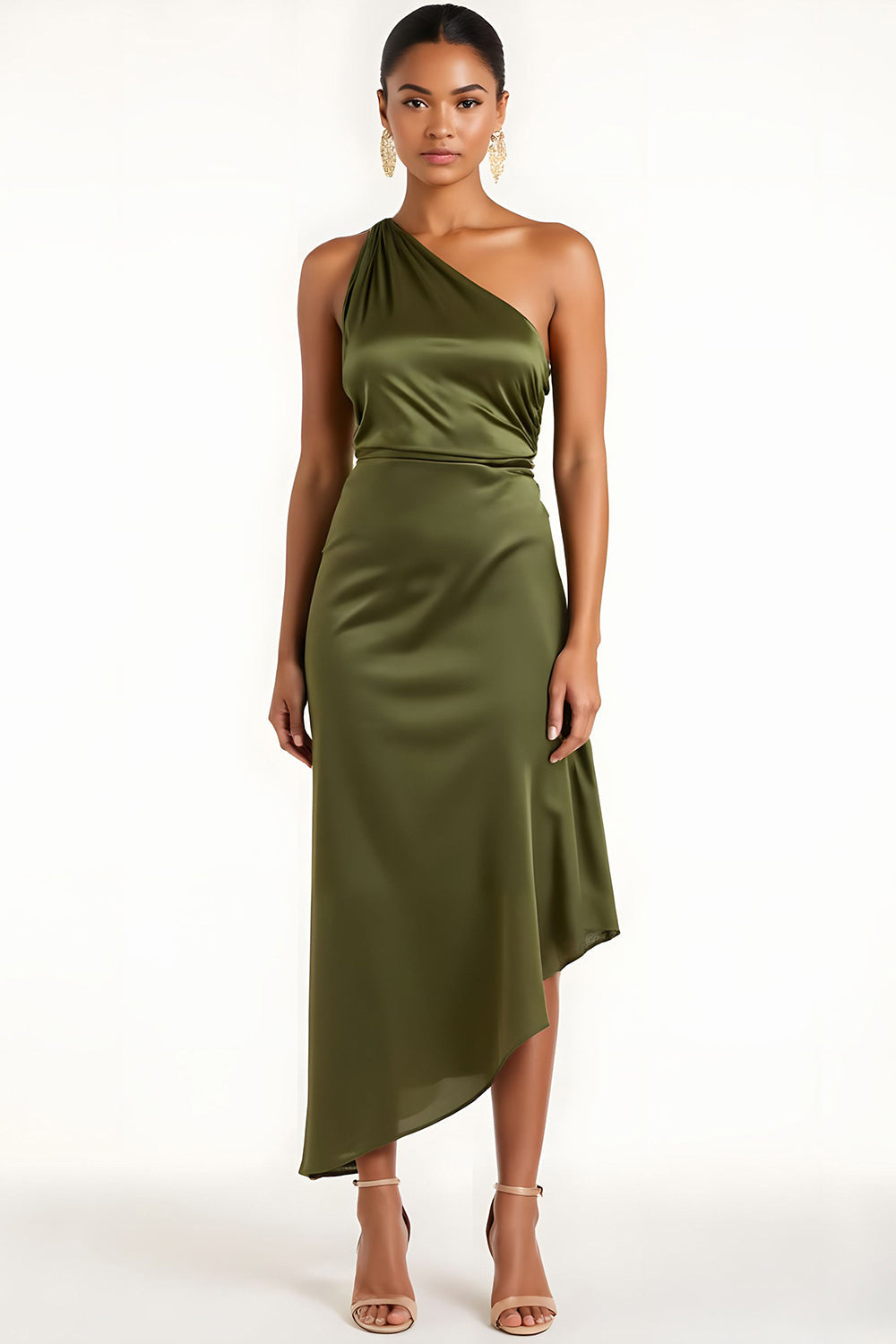 Olive Sheath One Shoulder Asymmetrical Bridesmaid Dress
