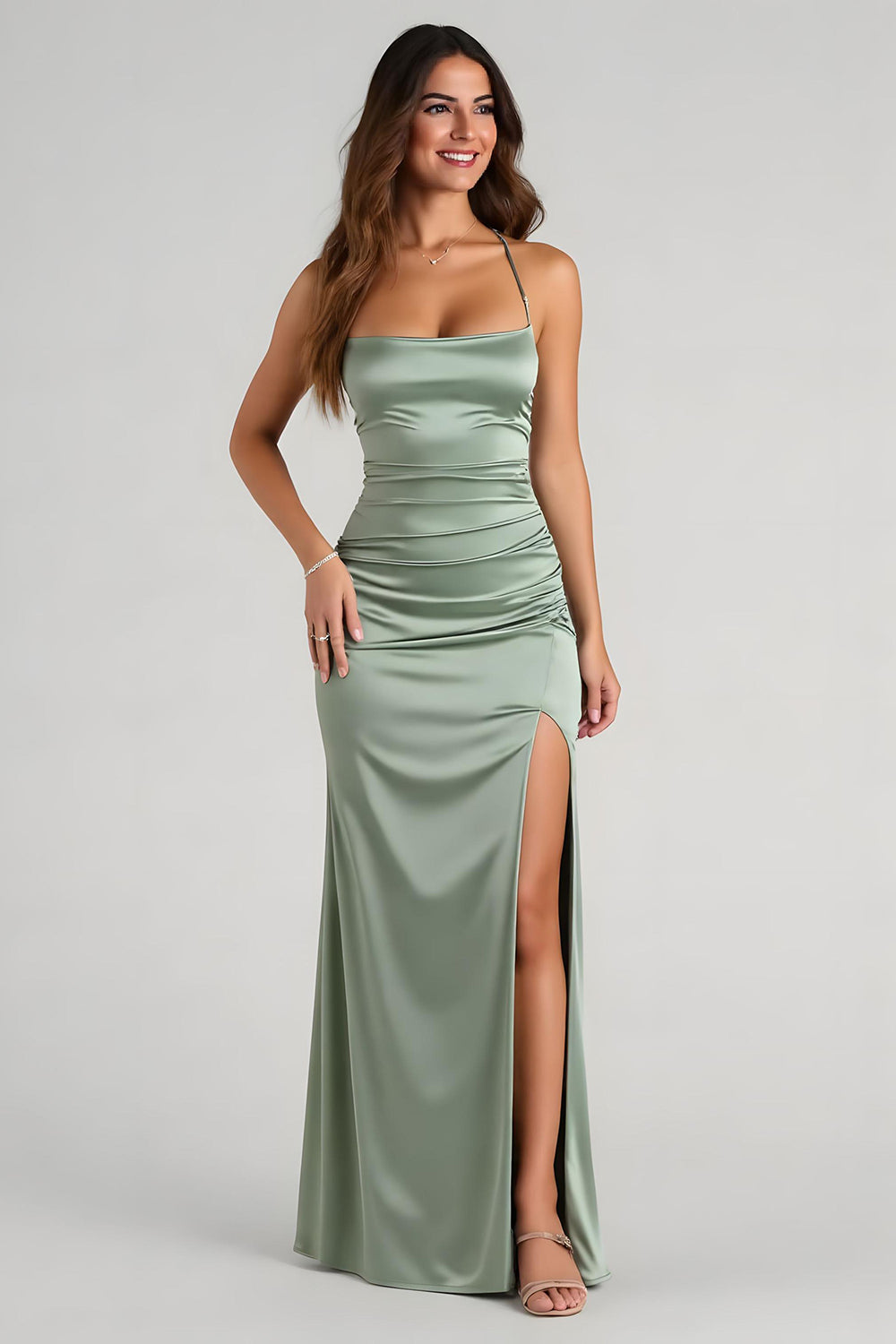 Eucalyptus Satin Sheath Spaghetti Straps Long Bridesmaid Dress with Slit
