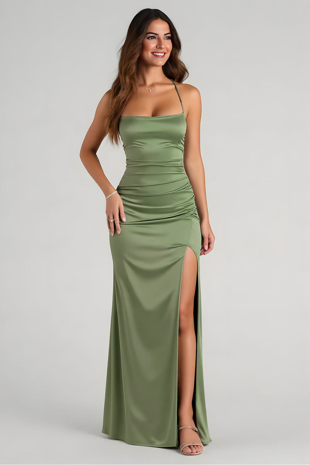 Eucalyptus Satin Sheath Spaghetti Straps Long Bridesmaid Dress with Slit