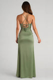 Eucalyptus Satin Sheath Spaghetti Straps Long Bridesmaid Dress with Slit
