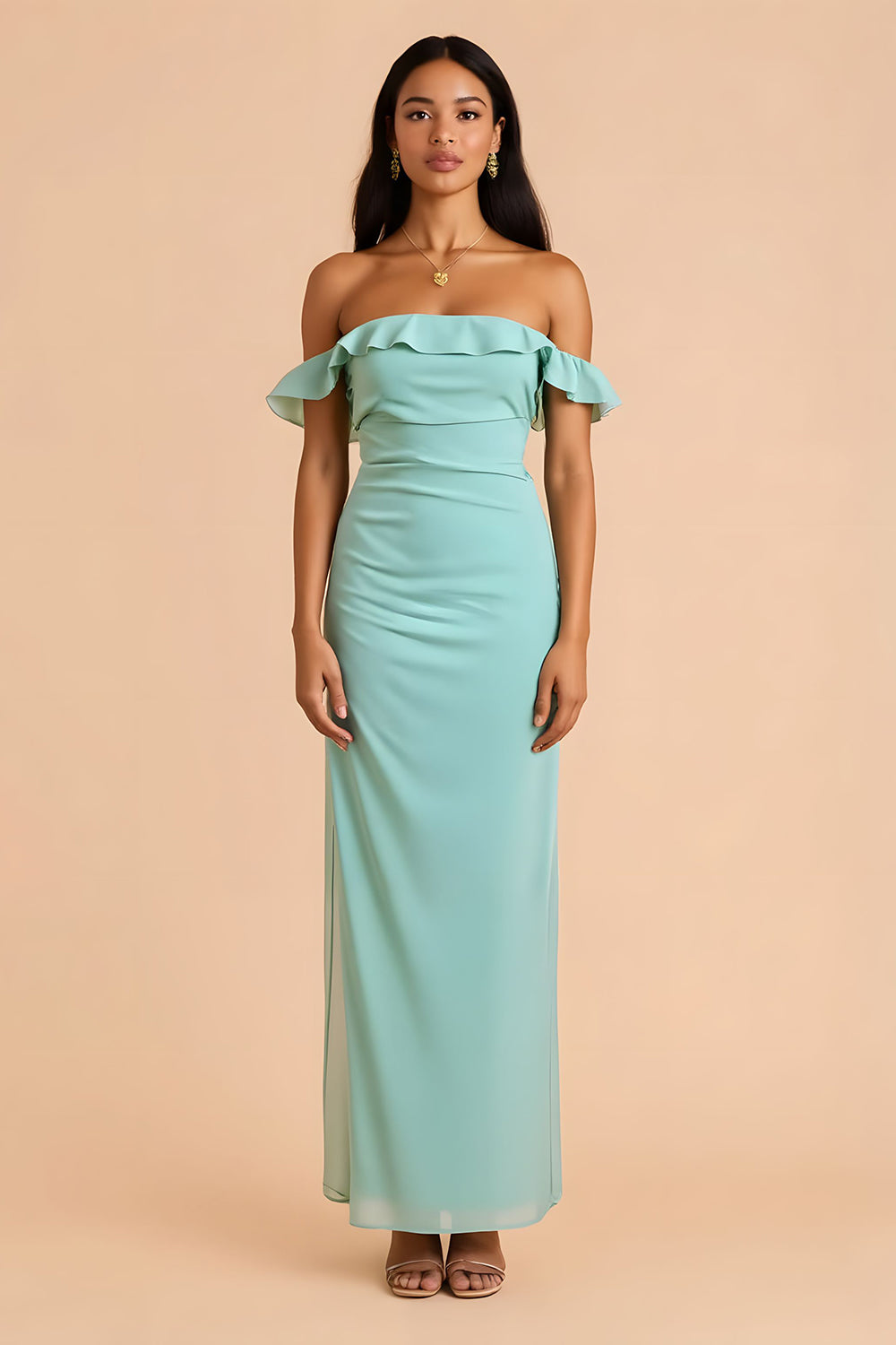 Mint Green Sheath Off the Shoulder Long Bridesmaid Dress with Slit