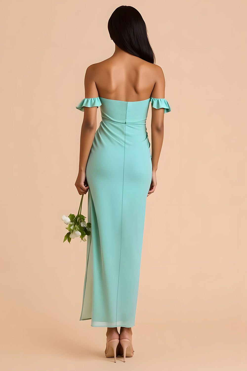 Mint Green Sheath Off the Shoulder Long Bridesmaid Dress with Slit