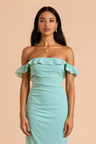 Mint Green Sheath Off the Shoulder Long Bridesmaid Dress with Slit