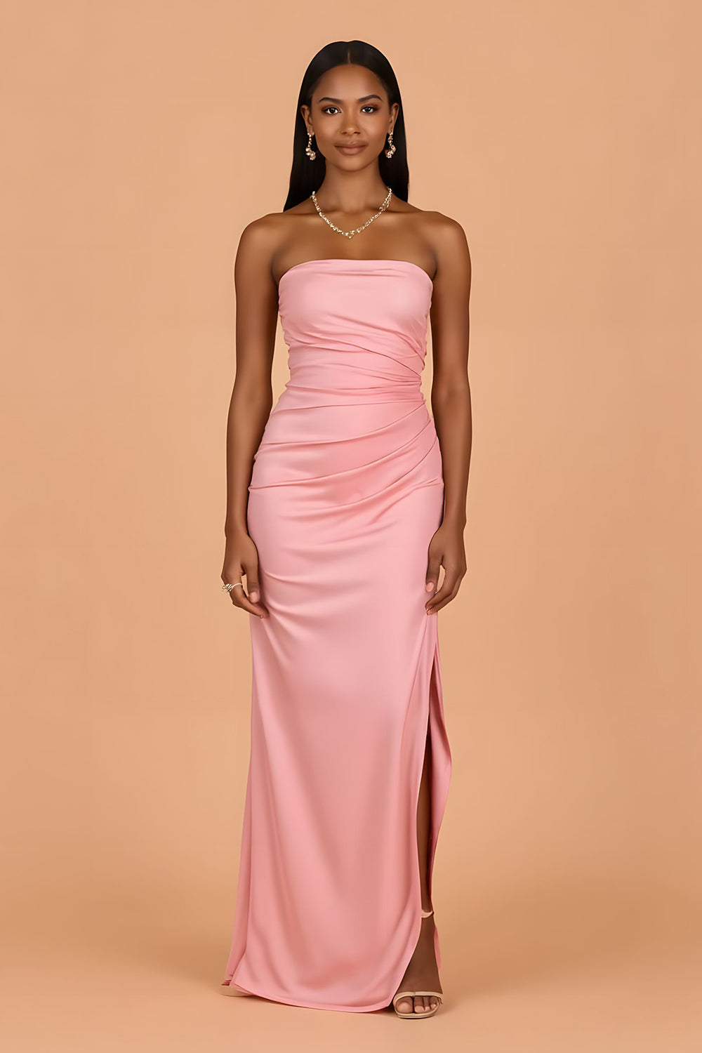 Blush Sheath Satin Strapless Ruched Long Bridesmaid Dress