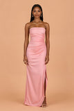 Blush Sheath Satin Strapless Ruched Long Bridesmaid Dress