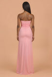 Blush Sheath Satin Strapless Ruched Long Bridesmaid Dress