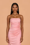 Blush Sheath Satin Strapless Ruched Long Bridesmaid Dress