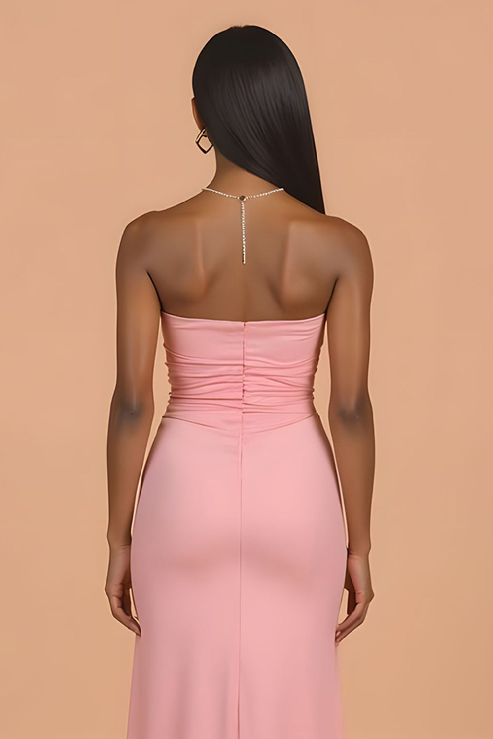 Blush Sheath Satin Strapless Ruched Long Bridesmaid Dress