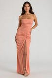 Sunset Spaghetti Straps Sheath Ruched Long Bridesmaid Dress with Slit