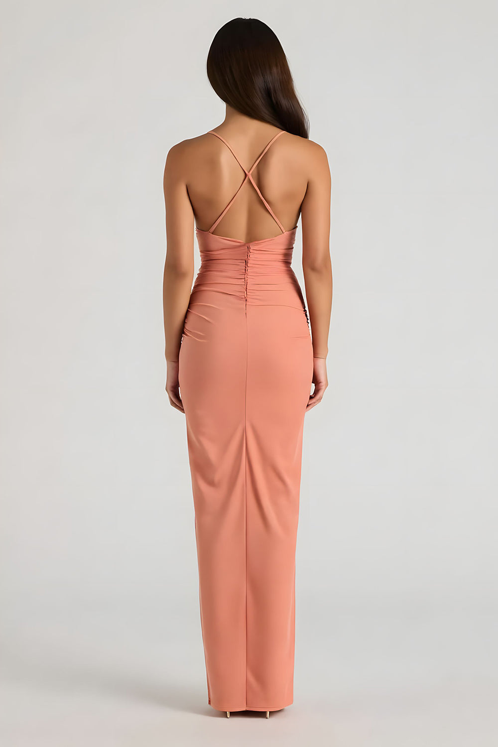 Sunset Spaghetti Straps Sheath Ruched Long Bridesmaid Dress with Slit