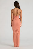 Sunset Spaghetti Straps Sheath Ruched Long Bridesmaid Dress with Slit