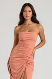 Sunset Spaghetti Straps Sheath Ruched Long Bridesmaid Dress with Slit