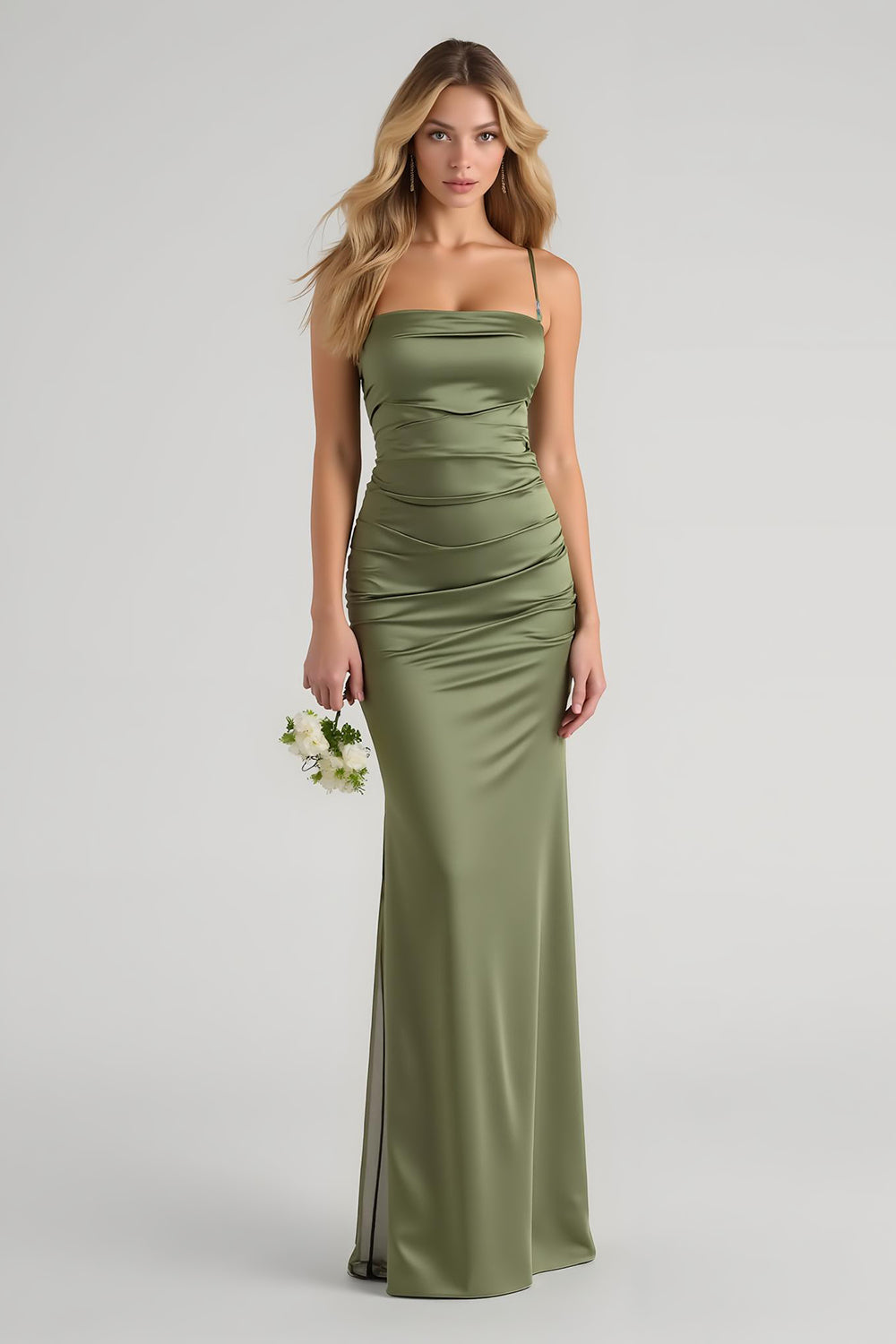 Olive Satin Spaghetti Straps Long Sheath Bridesmaid Dress