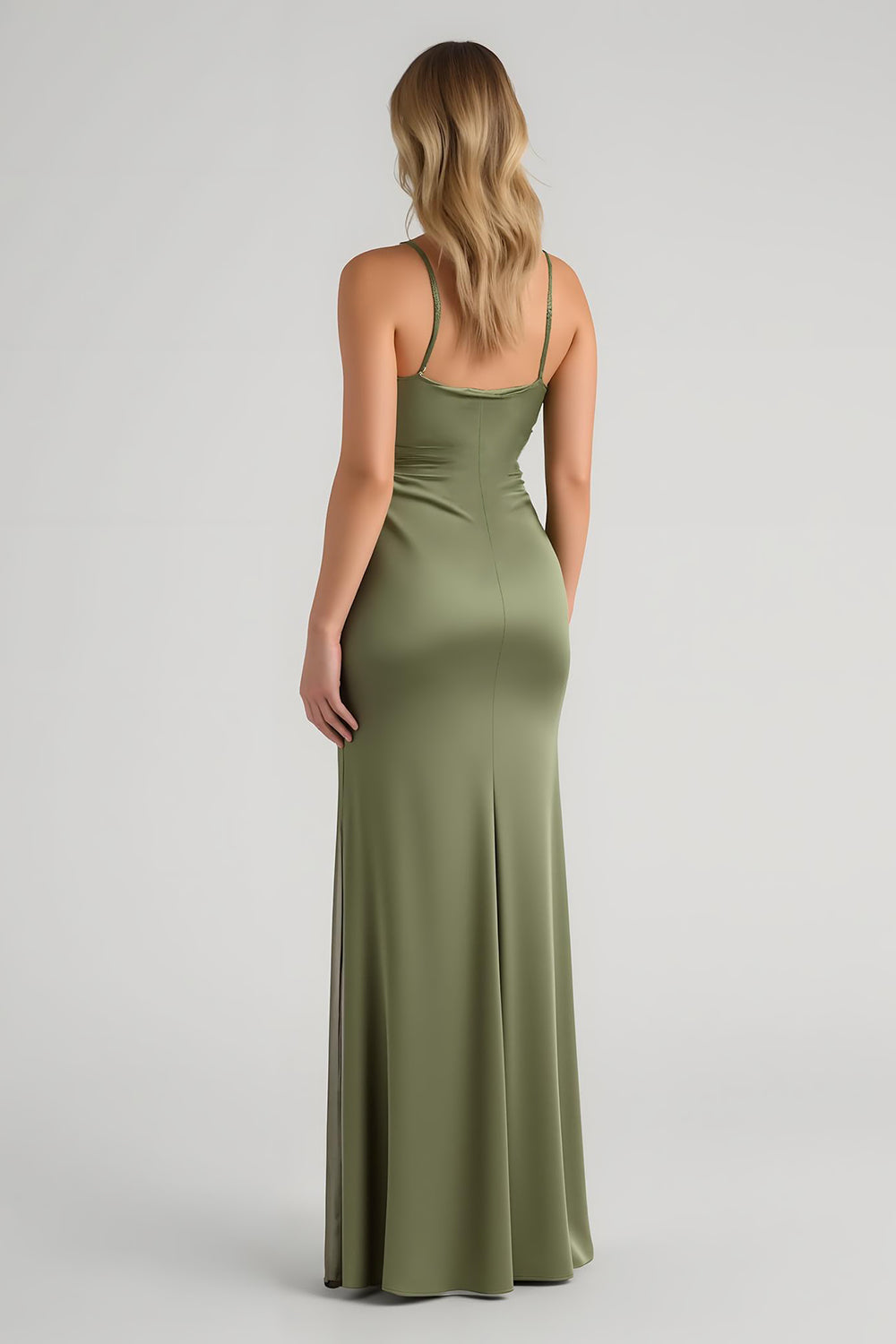 Olive Satin Spaghetti Straps Long Sheath Bridesmaid Dress