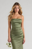 Olive Satin Spaghetti Straps Long Sheath Bridesmaid Dress