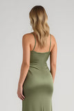 Olive Satin Spaghetti Straps Long Sheath Bridesmaid Dress