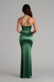 Dark Green Satin Mermaid Spaghetti Straps Long Bridesmaid Dress
