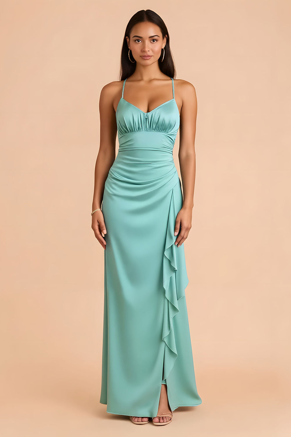 Mint Green Satin Sheath Long Bridesmaid Dress with Ruffles