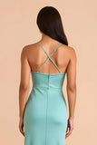 Mint Green Satin Sheath Long Bridesmaid Dress with Ruffles