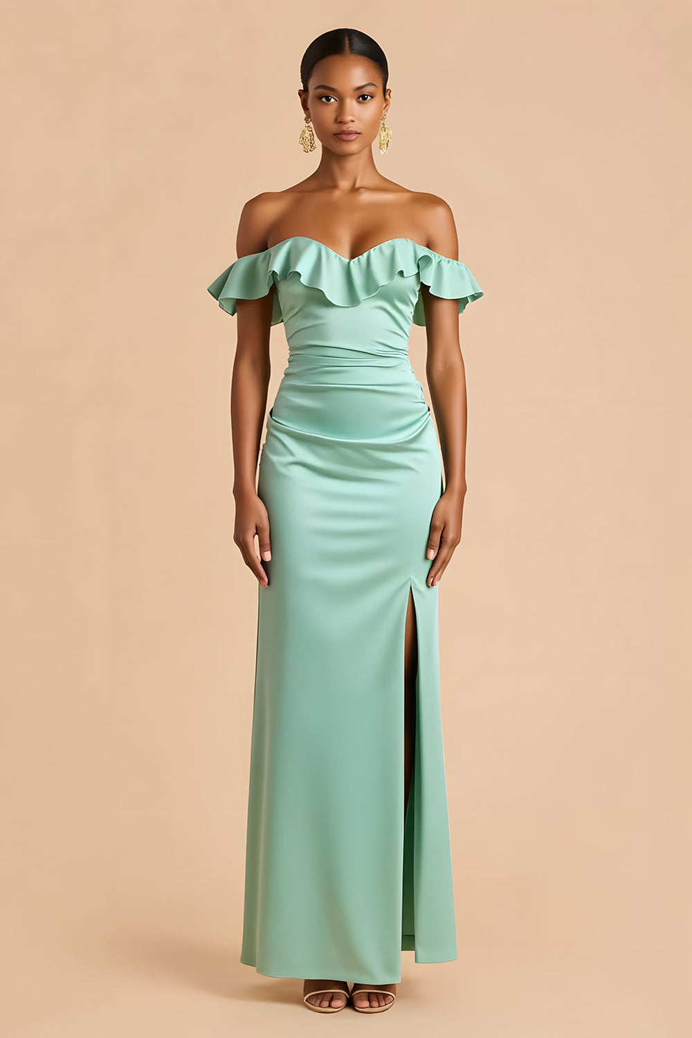 Mint Green Off the Shoulder Satin Ruffled Sheath Long Bridesmaid Dress