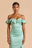 Mint Green Off the Shoulder Satin Ruffled Sheath Long Bridesmaid Dress