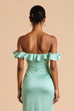 Mint Green Off the Shoulder Satin Ruffled Sheath Long Bridesmaid Dress