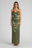 Olive Spaghetti Straps Satin Ruched Sheath Long Bridesmaid Dress