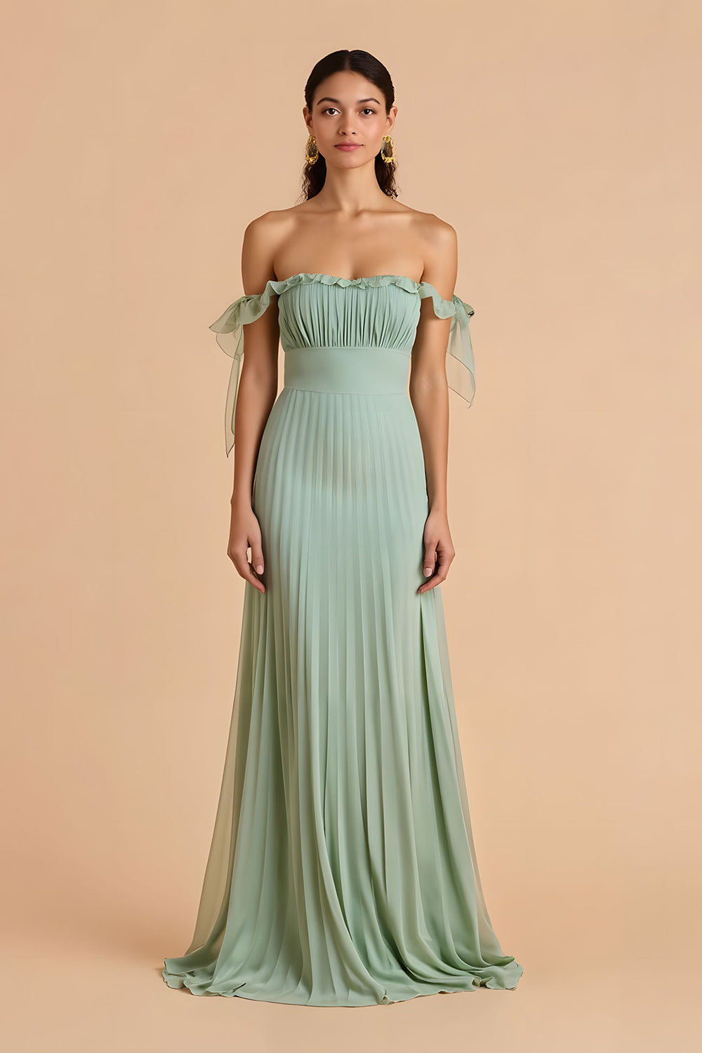 Sage Green Off the Shoulder Chiffon Pleated A Line Long Bridesmaid Dress