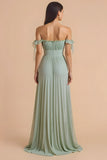 Sage Green Off the Shoulder Chiffon Pleated A Line Long Bridesmaid Dress