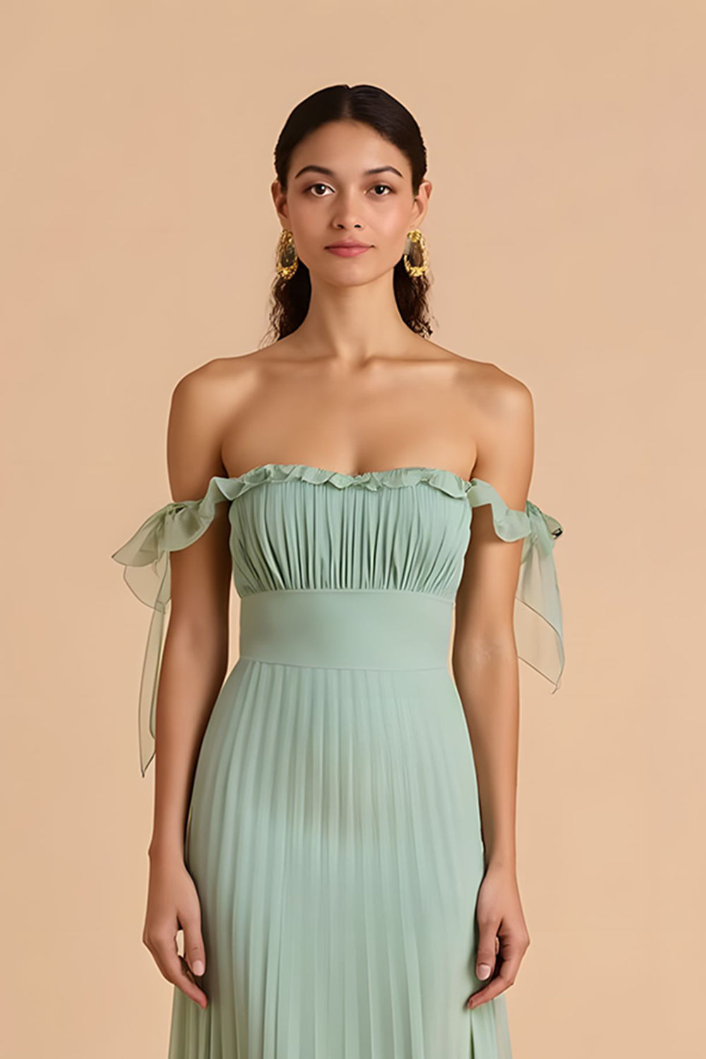 Sage Green Off the Shoulder Chiffon Pleated A Line Long Bridesmaid Dress