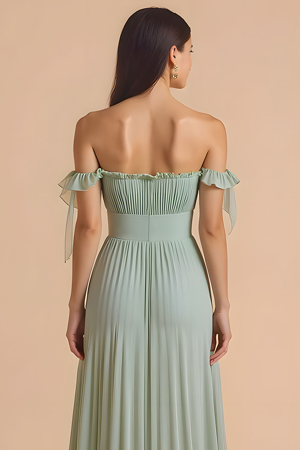 Sage Green Off the Shoulder Chiffon Pleated A Line Long Bridesmaid Dress