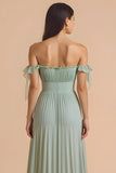 Sage Green Off the Shoulder Chiffon Pleated A Line Long Bridesmaid Dress